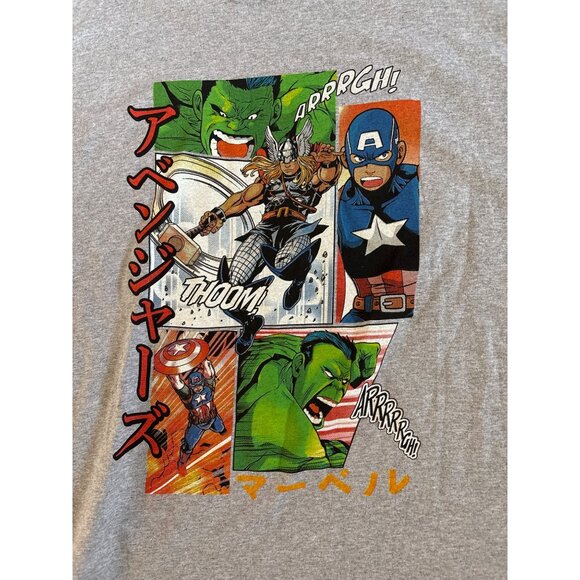 Marvel Avengers Japanese Graphic Tee XL Gray Cotton Blend Hulk Captain America - Picture 2 of 5